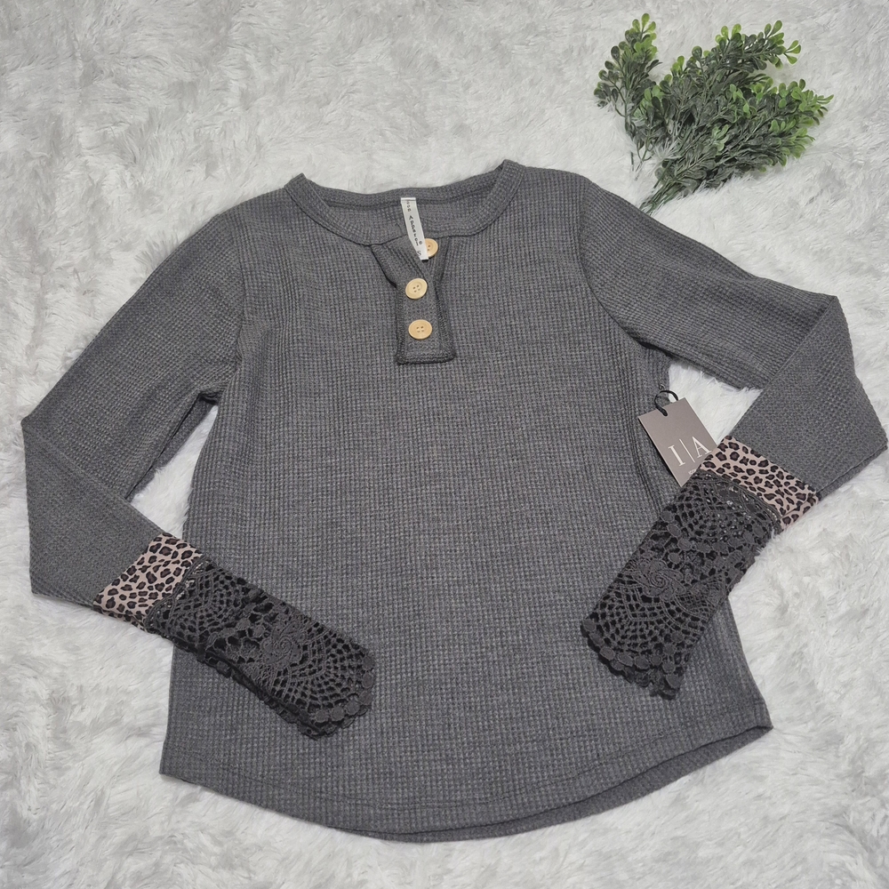 Gray Long Sleeve Top with Lace Accents